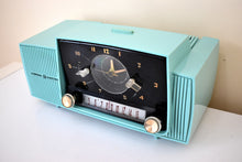 Load image into Gallery viewer, Ocean Turquoise Mid Century 1959 General Electric Model C-417C Vacuum Tube AM Clock Radio Popular Model Sounds Terrific!
