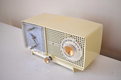 Smart Speaker Ready To Go - Creme Ivory Vintage 1959 GE General Electric Model C-465A AM Vacuum Tube Clock Radio Popular Model Solid Performer!