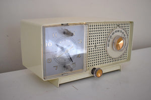 Smart Speaker Ready To Go - Creme Ivory Vintage 1959 GE General Electric Model C-465A AM Vacuum Tube Clock Radio Popular Model Solid Performer!