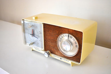 Bluetooth Ready To Go - Ivory and Tan Fabric 1965 General Electric Model C-437B AM Radio Works Great! Very Good Condition!