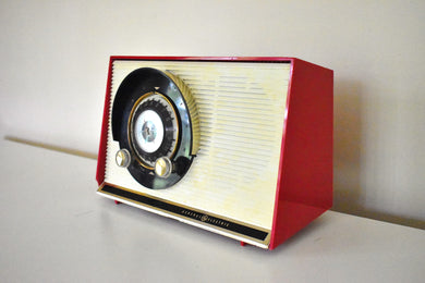 Mars Red Atomic Age Sputnik 1955 GE General Electric Model X861 Vacuum Tube AM Radio Pretty Face Pretty Sound!