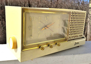 SOLD! - Apr 3, 2017 - GLOSSY IVORY Retro Jetsons Vintage 1958 Arvin Model 5578 AM Tube Clock Radio WORKS! - [product_type} - Arvin - Retro Radio Farm
