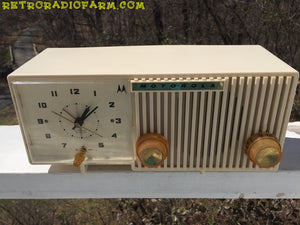 SOLD! - Sept 27, 2016 - BLUETOOTH MP3 READY - Sophisticated Ivory Beige Retro Jetsons 1959 Motorola Model 5C12W Tube AM Clock Radio Totally Restored!