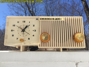SOLD! - Sept 27, 2016 - BLUETOOTH MP3 READY - Sophisticated Ivory Beige Retro Jetsons 1959 Motorola Model 5C12W Tube AM Clock Radio Totally Restored! - [product_type} - Motorola - Retro Radio Farm