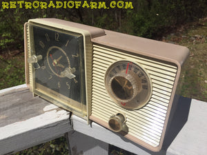 SOLD! - Dec 2, 2016 - BLUETOOTH MP3 READY - Taupe and Ivory 1959 General Electric Model C-405 Tube AM Clock Radio - [product_type} - General Electric - Retro Radio Farm