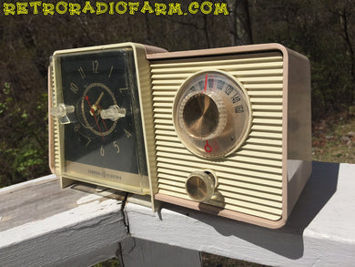 SOLD! - Dec 2, 2016 - BLUETOOTH MP3 READY - Taupe and Ivory 1959 General Electric Model C-405 Tube AM Clock Radio