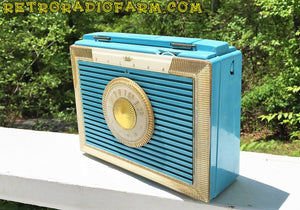 SOLD! - Dec 4, 2016 - CLEOPATRA Teal and Gold Vintage Antique Mid Century 1955 Bulova Companion Model 206 Portable Tube AM Radio Bling! Bling! - [product_type} - Bulova - Retro Radio Farm