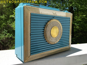 SOLD! - Dec 4, 2016 - CLEOPATRA Teal and Gold Vintage Antique Mid Century 1955 Bulova Companion Model 206 Portable Tube AM Radio Bling! Bling! - [product_type} - Bulova - Retro Radio Farm