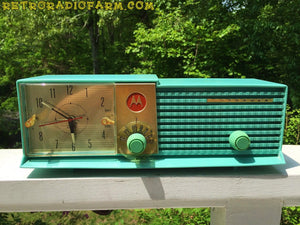 SOLD! - June 16, 2016 - BLUETOOTH MP3 Ready - AQUA BLUE Bi-level Retro Jetsons 1957 Motorola 57CD Tube AM Clock Radio Works Great! - [product_type} - Motorola - Retro Radio Farm