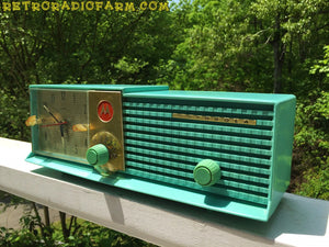 SOLD! - June 16, 2016 - BLUETOOTH MP3 Ready - AQUA BLUE Bi-level Retro Jetsons 1957 Motorola 57CD Tube AM Clock Radio Works Great!