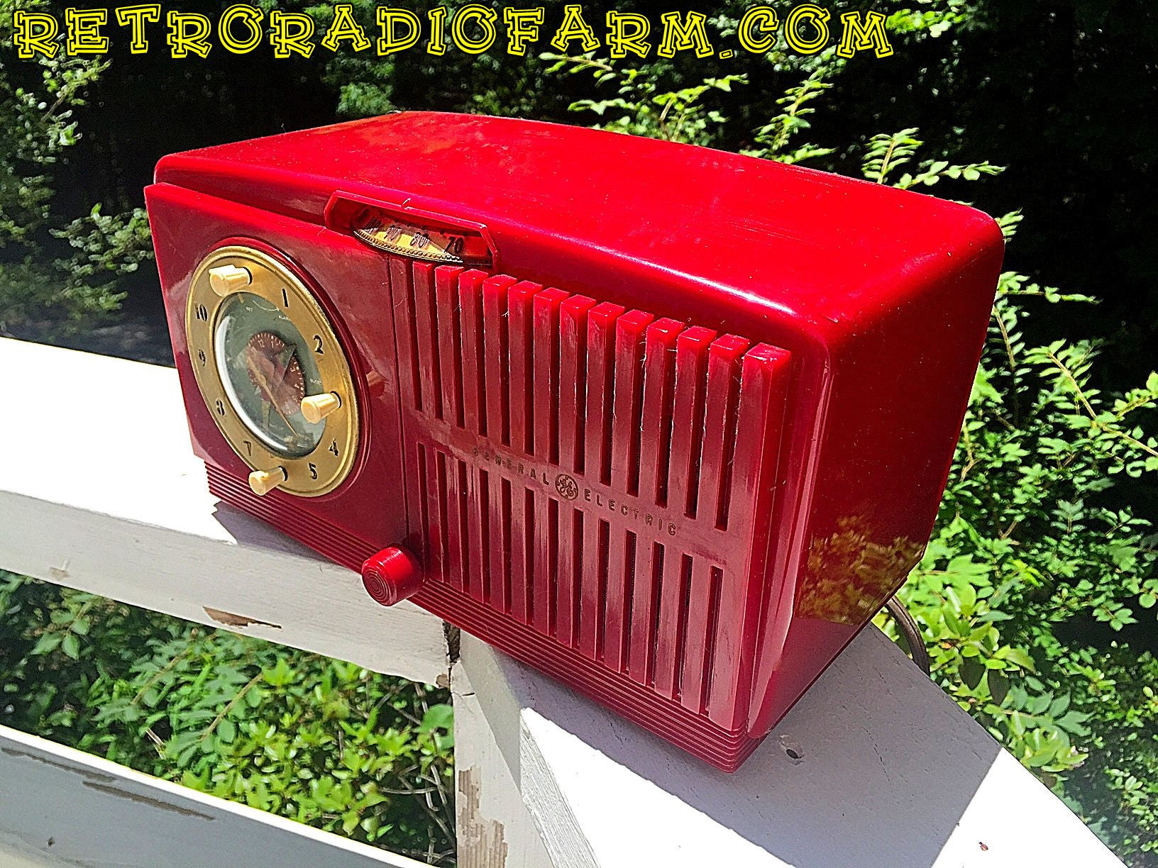 SOLD! - June 16, 2016 - BLUETOOTH MP3 READY - Cherry Red Mid Century Jetsons 1951 General Electric Model 517F Tube AM Clock Radio Totally Restored! - [product_type} - General Electric - Retro Radio Farm