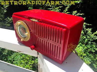 SOLD! - June 16, 2016 - BLUETOOTH MP3 READY - Cherry Red Mid Century Jetsons 1951 General Electric Model 517F Tube AM Clock Radio Totally Restored!