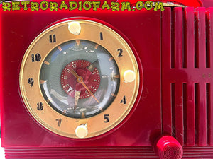 SOLD! - June 16, 2016 - BLUETOOTH MP3 READY - Cherry Red Mid Century Jetsons 1951 General Electric Model 517F Tube AM Clock Radio Totally Restored! - [product_type} - General Electric - Retro Radio Farm