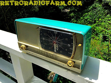 SOLD! - Aug 14, 2016 - BLUETOOTH MP3 READY - Turquoise and White Retro Jetsons 1956 RCA Victor Model 9-C-71 Tube AM Clock Radio Works!