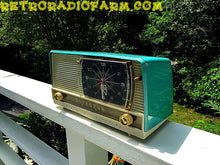 Charger l&#39;image dans la galerie, SOLD! - Aug 14, 2016 - BLUETOOTH MP3 READY - Turquoise and White Retro Jetsons 1956 RCA Victor Model 9-C-71 Tube AM Clock Radio Works! - [product_type} - RCA Victor - Retro Radio Farm