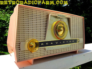 SOLD! - Sept 3, 2016 - PINK AND WHITE Atomic Age Vintage 1959 RCA Victor Model X-4HE Tube AM Radio Amazing! - [product_type} - RCA Victor - Retro Radio Farm