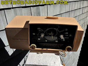 SOLD! - Nov 23, 2016 - BEIGE PINK Mid Century Jetsons 1959 General Electric Model C-4340 Tube AM Clock Radio Totally Restored! - [product_type} - General Electric - Retro Radio Farm