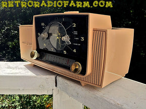 SOLD! - Nov 23, 2016 - BEIGE PINK Mid Century Jetsons 1959 General Electric Model C-4340 Tube AM Clock Radio Totally Restored! - [product_type} - General Electric - Retro Radio Farm