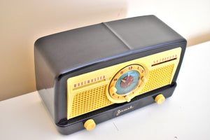 Ebony Ivory Bakelite 1950 Jewel Wakemaster Model 5057U Vacuum Tube AM Clock Radio The Master Awaketh!