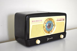 Mocha and Ivory Bakelite 1950 Jewel Wakemaster Model 5057U Vacuum Tube AM Clock Radio The Master Awaketh!