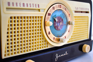 エボニー アイボリー ベークライト 1950 ジュエル ウェイクマスター モデル 5057U 真空管 AM クロック ラジオ マスターは目覚める!