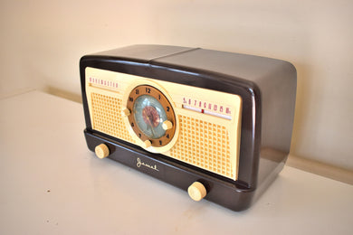 Mocha Brown Bakelite 1950 Jewel Wakemaster Model 5057U Vacuum Tube AM Clock Radio The Master Awaketh!