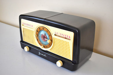 Black and Ivory 1950 Jewel Wakemaster Model 5057U Vacuum Tube AM Clock Radio The Master Awaketh!