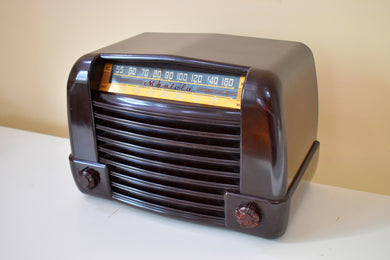 Handsome 1946 Mantola Model R654-PM Marble Brown Bakelite Vacuum Tube AM Clock Radio Excellent Condition Excellent Condition and Sound!