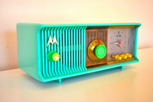 Load image into Gallery viewer, Sea Green 1957 Motorola Model 56CC Vacuum Tube AM Clock Radio Rare Beautiful Color Sounds Fantastic!