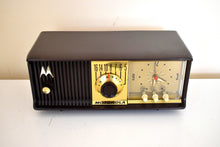 Load image into Gallery viewer, Chocolate Brown Mid Century 1956 Motorola Model 56CD Vacuum Tube AM Clock Radio Sounds Great! Mint Condition!