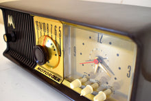 Load image into Gallery viewer, Chocolate Brown Mid Century 1956 Motorola Model 56CD Vacuum Tube AM Clock Radio Sounds Great! Mint Condition!