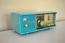 Load image into Gallery viewer, Aquamarine Turquoise 1957 Motorola Model 56CC Vacuum Tube AM Clock Radio Very Good Condition Sounds Great!
