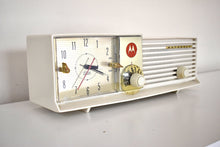 Load image into Gallery viewer, Linen White Mid Century 1957 Motorola Model 57CD2A Vacuum Tube AM Clock Radio Beauty Sounds Fantastic!
