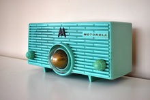 Load image into Gallery viewer, Aquamarine Turquoise Mid Century Retro Jetsons 1957 Motorola Model 56H Turbine Vacuum Tube AM Radio Works Amazing!