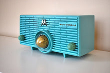 Load image into Gallery viewer, Aquamarine Turquoise 1957 Motorola Model 56H Vintage Vacuum Tube AM Radio Iconic Turbine Design!