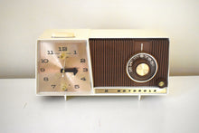 Load image into Gallery viewer, Tan and Ivory Motorola C18W23 Clock Radio 1963 Vacuum Tube AM Clock Radio Excellent Plus Condition and Sounds Fantastic!