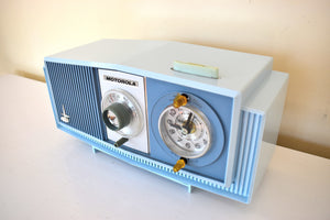 Tuxedo Blue 1963 Motorola Model C4B2 AM Vacuum Tube Clock Radio Neon Lighted Clock Dial! Sounds Wonderful!