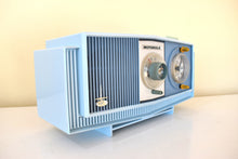 Load image into Gallery viewer, Tuxedo Blue 1963 Motorola Model C4B2 AM Vacuum Tube Clock Radio Neon Lighted Clock Dial! Sounds Wonderful!