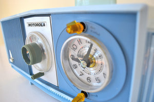 Tuxedo Blue 1963 Motorola Model C4B2 AM Vacuum Tube Clock Radio Neon Lighted Clock Dial! Sounds Wonderful!