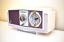 Load image into Gallery viewer, Purple and White Mid-Century 1960 Motorola Model C4S131 Vacuum Tube AM Clock Radio Rare Color Combo!
