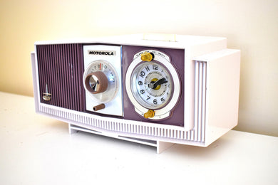 Purple and White Mid-Century 1960 Motorola Model C4S131 Vacuum Tube AM Clock Radio Rare Color Combo!