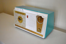 Load image into Gallery viewer, Seafoam Turquoise and White 1962 Olympic Model 558 Tube AM Clock Radio Sounds Heavenly Top Of The Line!