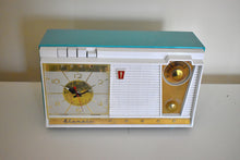 Load image into Gallery viewer, Seafoam Turquoise and White 1962 Olympic Model 558 Tube AM Clock Radio Sounds Heavenly Top Of The Line!