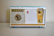 Load image into Gallery viewer, Seafoam Turquoise and White 1962 Olympic Model 558 Tube AM Clock Radio Sounds Heavenly Top Of The Line!