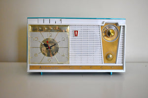 Seafoam Turquoise and White 1962 Olympic Model 558 Tube AM Clock Radio Sounds Heavenly Top Of The Line!