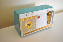 Load image into Gallery viewer, Seafoam Turquoise and White 1962 Olympic Model 558 Tube AM Clock Radio Sounds Heavenly Top Of The Line!