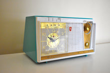 Load image into Gallery viewer, Seafoam Turquoise and White 1962 Olympic Model 558 Tube AM Clock Radio Sounds Heavenly Top Of The Line!