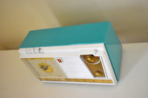 Seafoam Turquoise and White 1962 Olympic Model 558 Tube AM Clock Radio Sounds Heavenly Top Of The Line!