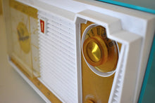 Load image into Gallery viewer, Seafoam Turquoise and White 1962 Olympic Model 558 Tube AM Clock Radio Sounds Heavenly Top Of The Line!