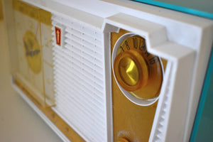 Seafoam Turquoise and White 1962 Olympic Model 558 Tube AM Clock Radio Sounds Heavenly Top Of The Line!